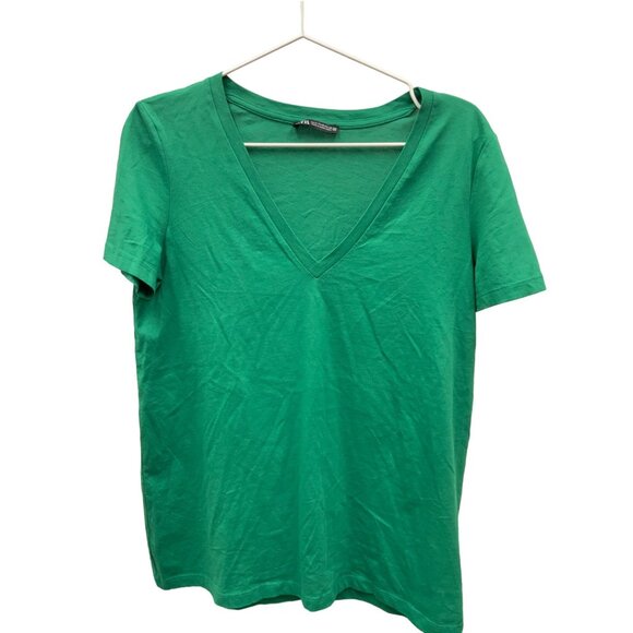 Zara Green V-Neck Short Sleeve T-Shirt Lightweight - Picture 5 of 6